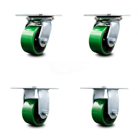 Service Caster 4 Inch Green Poly on Cast Iron Caster Set with Roller Bearings 2 Swivel 2 Rigid SCC-35S420-PUR-GB-2-R-2